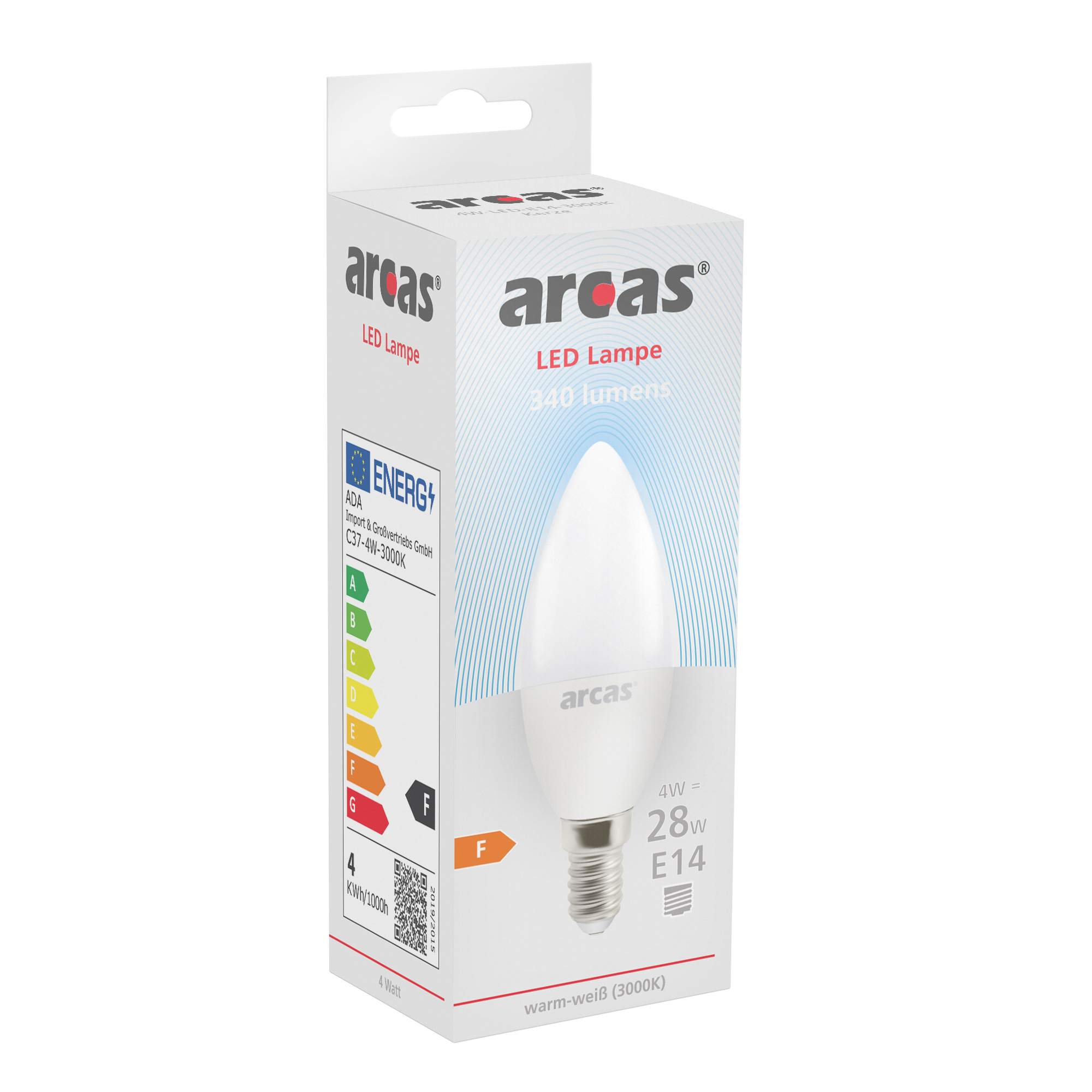 ARCAS LED Lampe / Kerze C37 / E14 / 4W entspricht 28W Glühlampe / 340 Lumen / warm weiß (3000K)