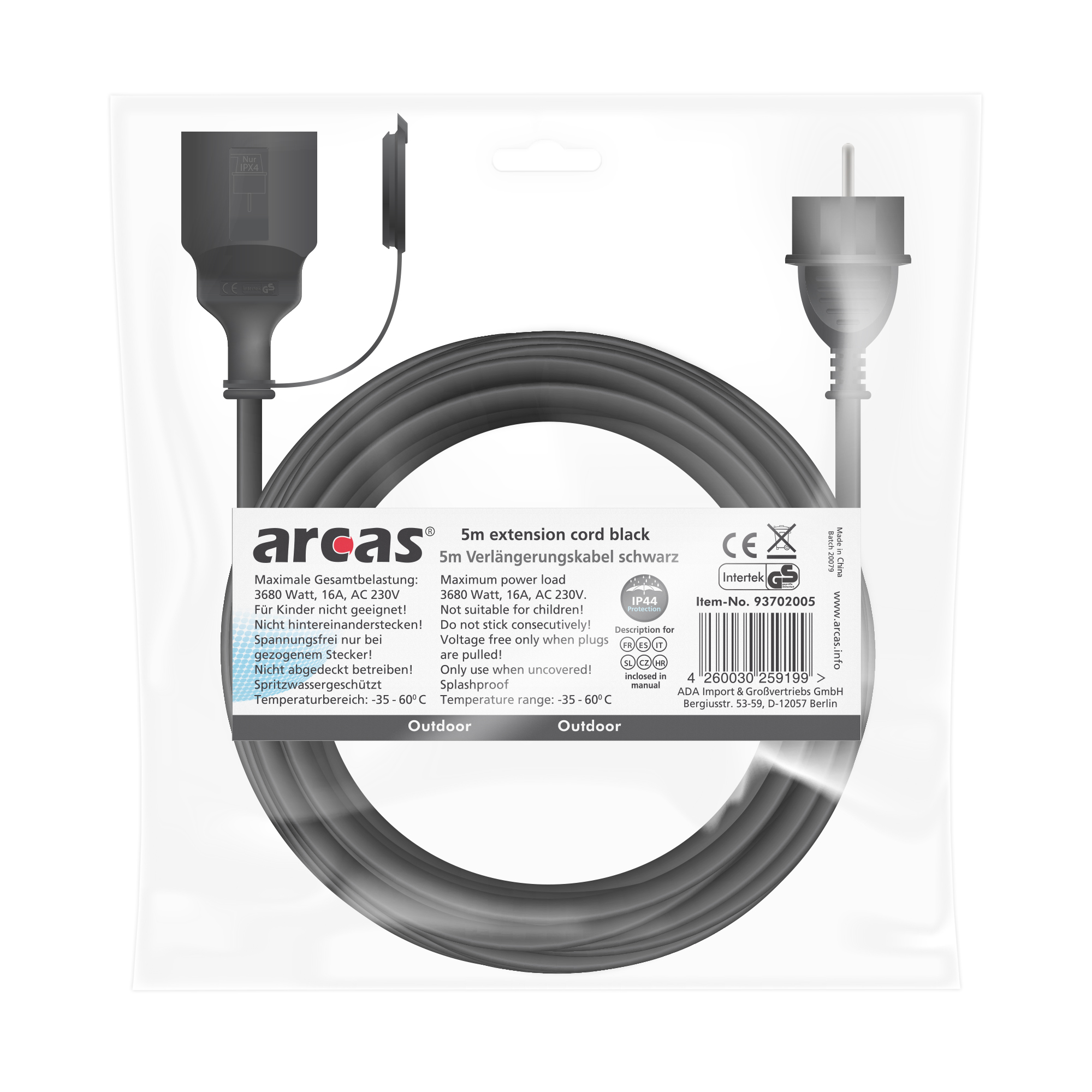 ARCAS Outdoor Verlängerungskabel 5m 1er Shrink