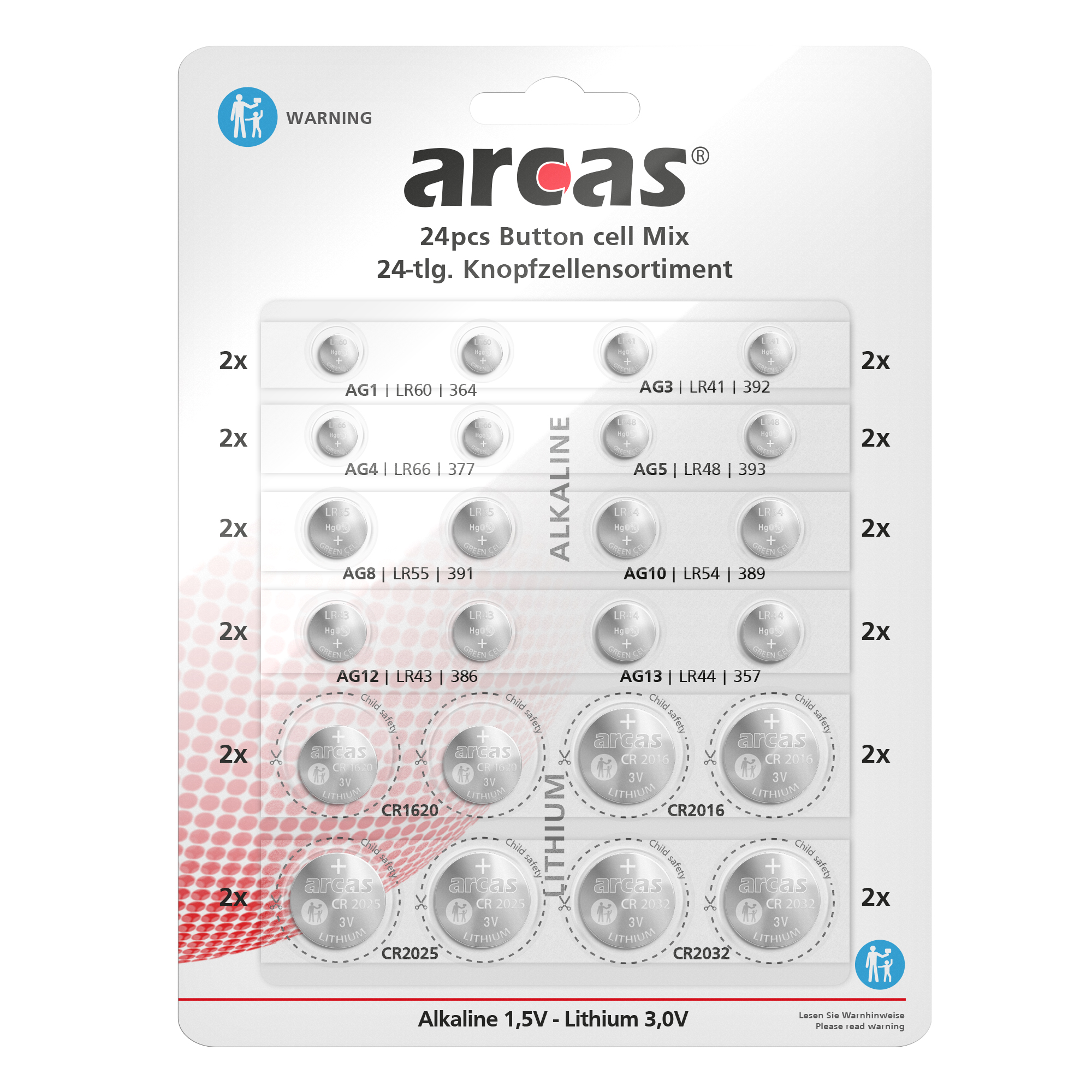 ARCAS Alkaline AG + Lithium CR Knopfzellenset 24tlg.