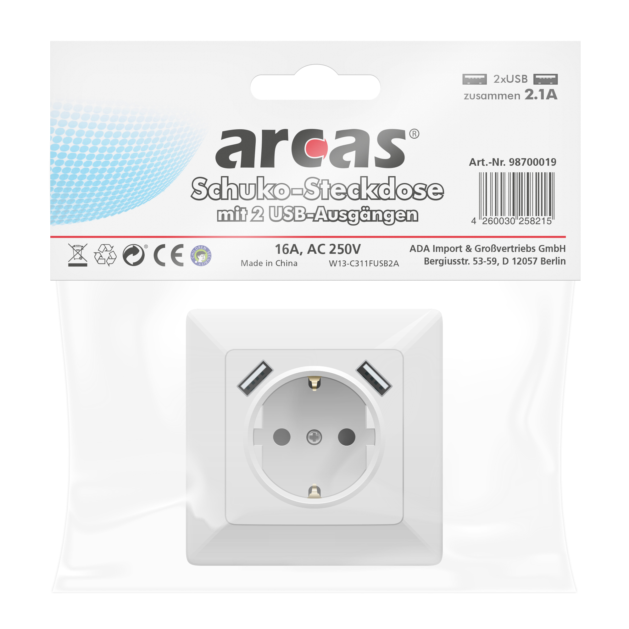 ARCAS Wandsteckdose mit Schuko-Steckdose + 2 x USB Ladeanschlüsse