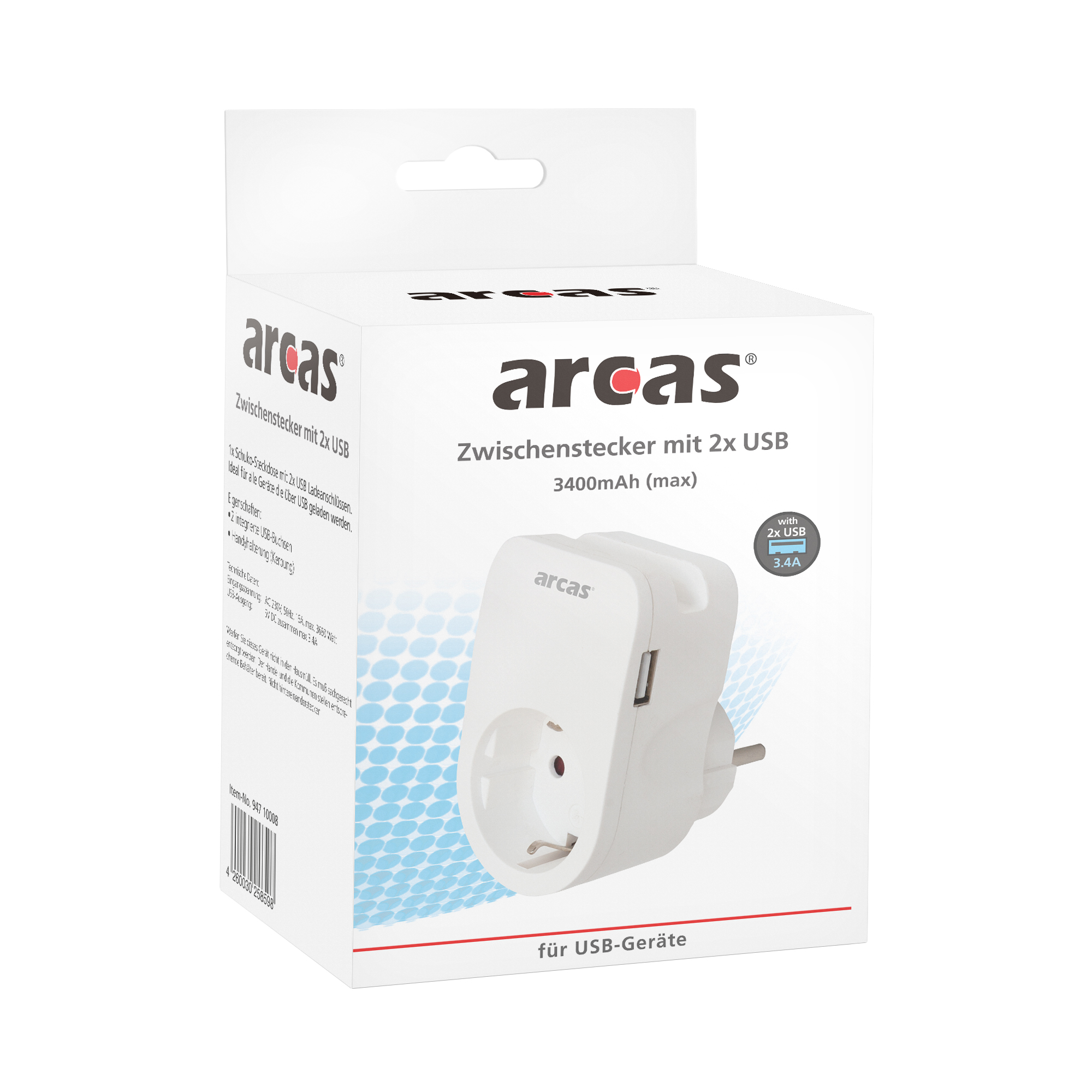 ARCAS Zwischenstecker Schuko 1-fach m. 2 x USB Ladeanschluss + Handyhalterung 3400mAh (max) / Farbe: weiß