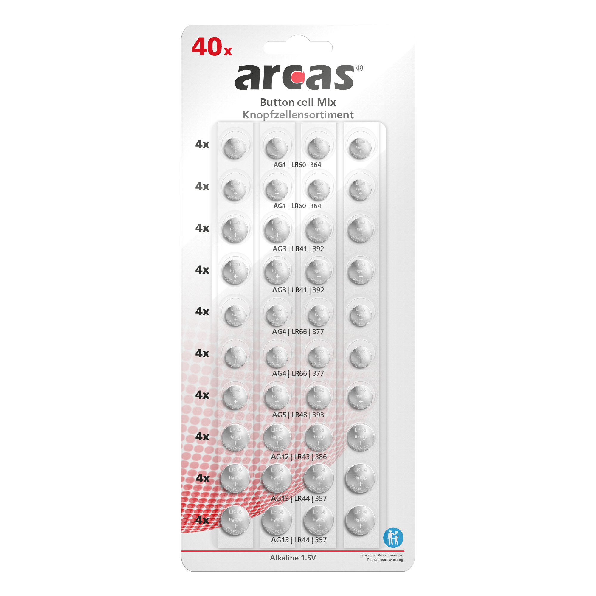 ARCAS Alkaline AG Knopfzellenset 40tlg. (8xAG1, 8xAG3, 8xAG4, 4xAG5, 4xAG12, 8xAG13)