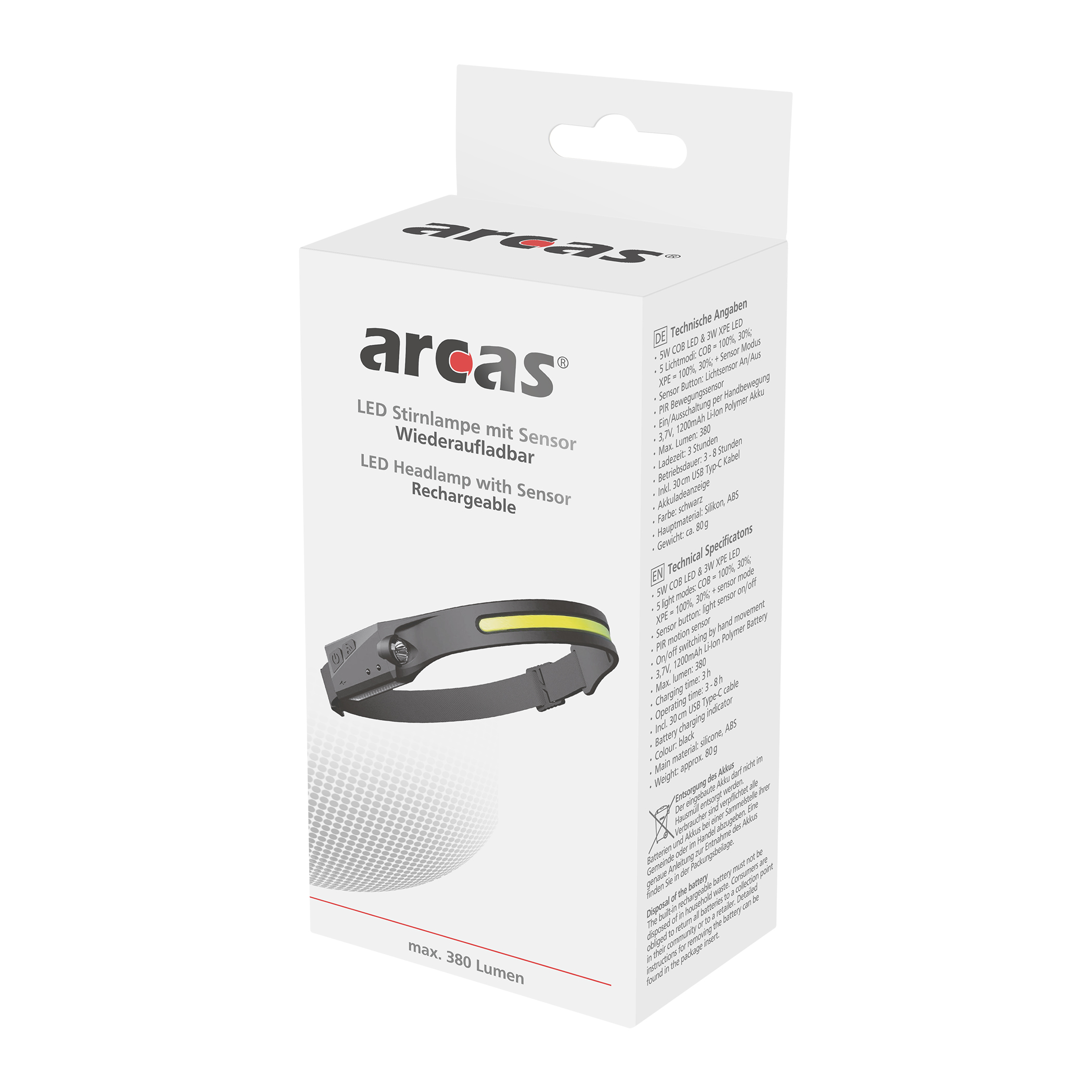 ARCAS 5+3W neues Modell LED Sensor Kopflampe 5 Modi wiederaufladbar