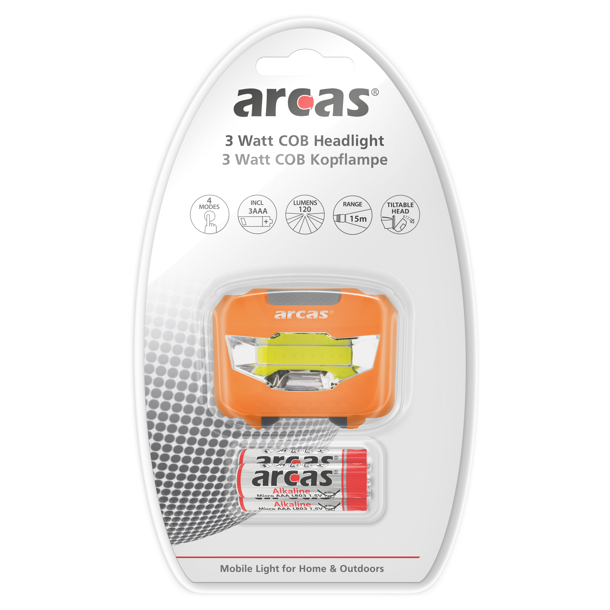 ARCAS 3 Watt COB Kopflampe / 4 Funktionen / 120 Lumen / inkl. 3 x AAA Alkaline Batterien
