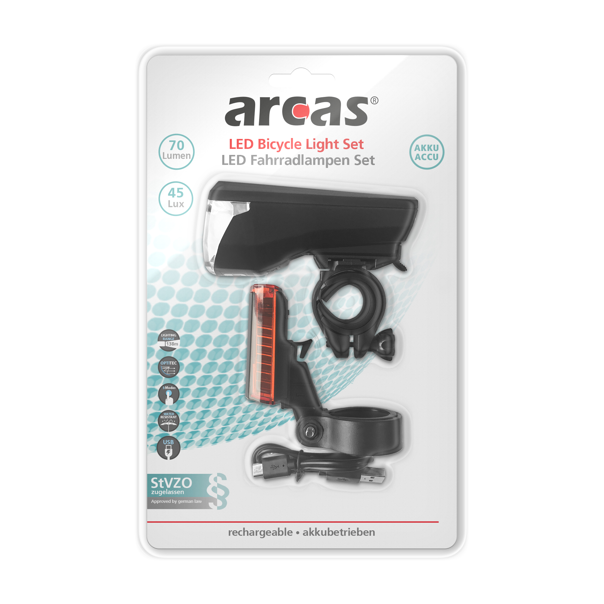 ARCAS LED Fahrradlampen Set akkubetrieben
