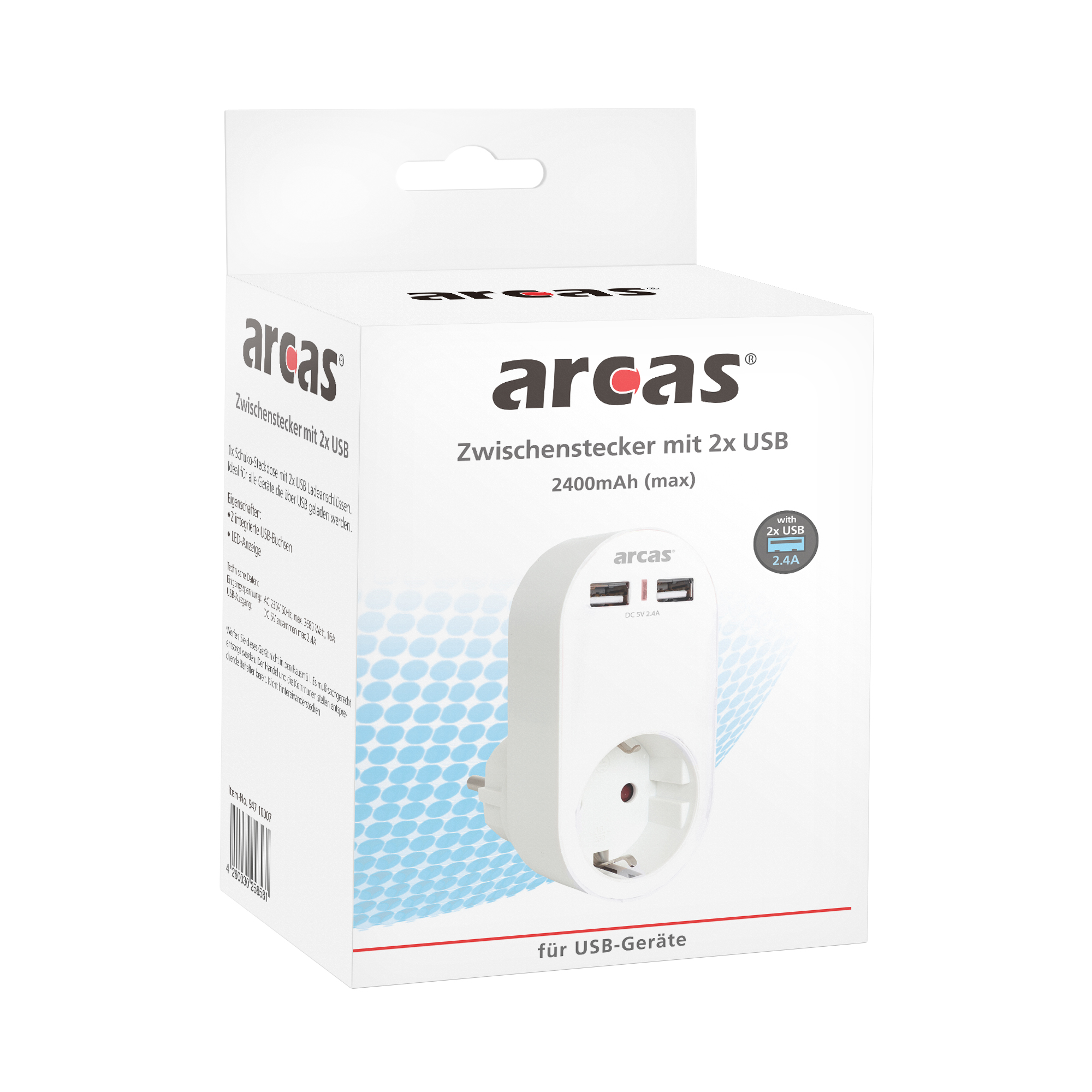 ARCAS Zwischenstecker Schuko 1-fach m. 2 x USB Ladeanschluss 2400mAh (max) / Farbe: weiß