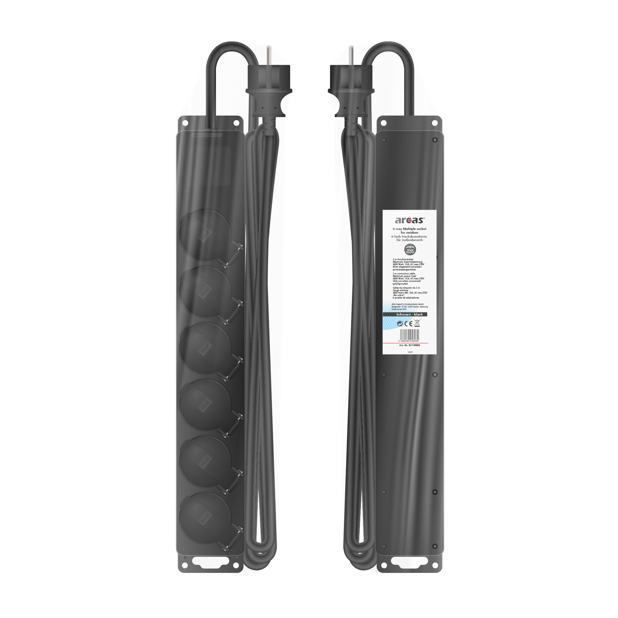ARCAS Outdoor Steckdosenleiste 6-fach mit Klappe / Farbe: schwarz / IP44 / Querschnitt 1,5mm² / 6x Schukostecker