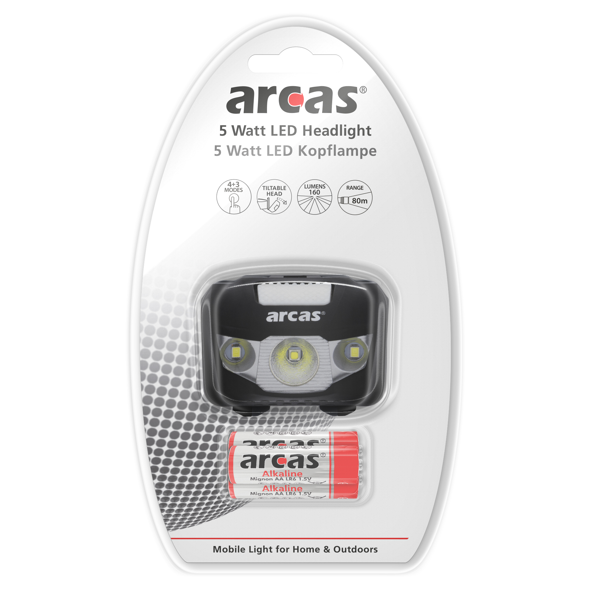 ARCAS 5 Watt LED Kopflampe / 4+3 Funktionen / 160 Lumen / inkl. 3 x LR03 Batterien
